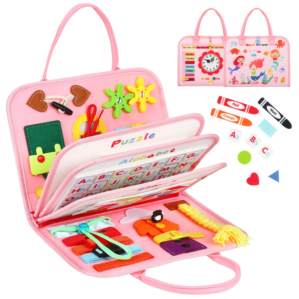 Quiet Flower 8-in-1 Busy Board main panel with colorful life-skills activities.