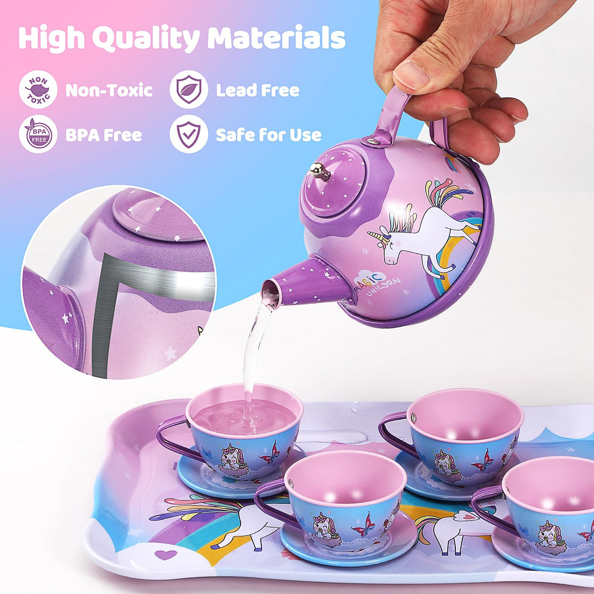 Quiet Flower Unicorn Tea Set plates showcase delightful desserts during gentle, shared play sessions.