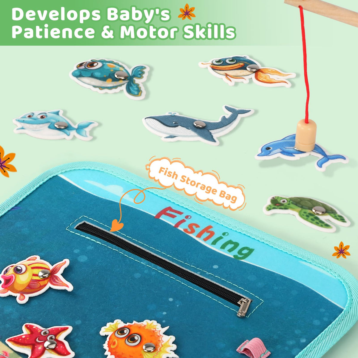 Quiet Flower 8-in-1 learning board featuring alphabet, colors, and shapes