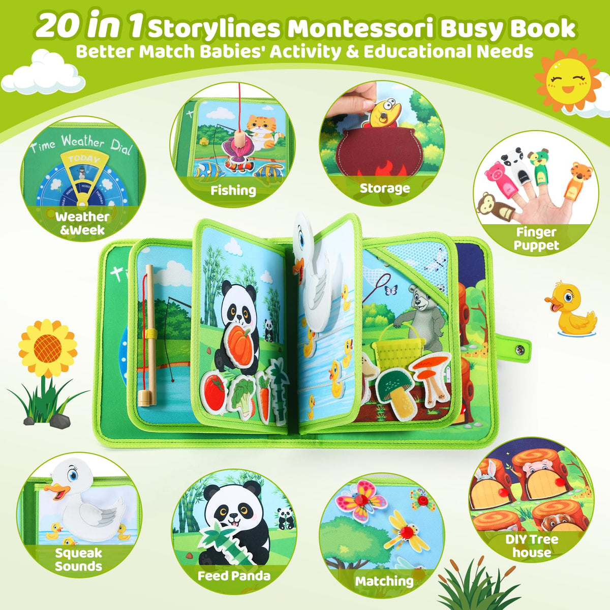 Quiet Flower Busy Book panda feeding activity promotes fine motor skills