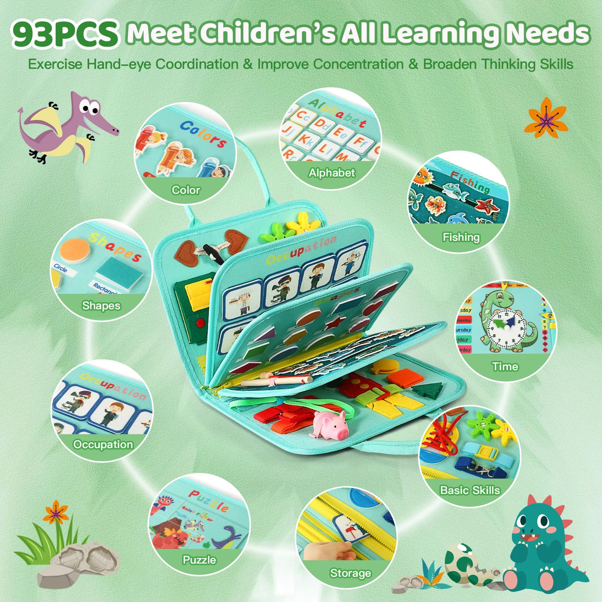 Quiet Flower life skills page showing zips, buttons, buckles for practical practice