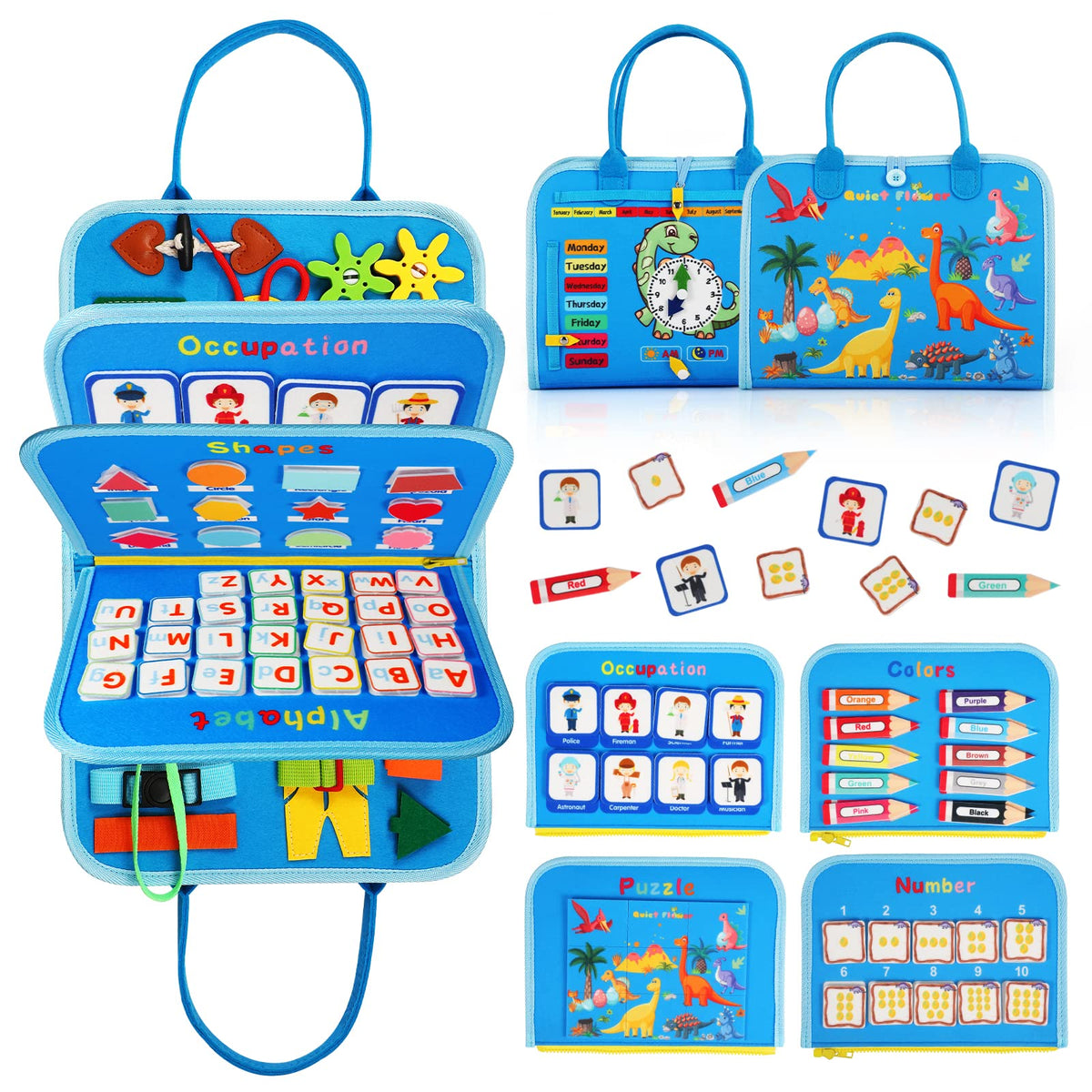 Quiet Flower toddler busy board with 8-in-1 Montessori activities for fine motor skills.