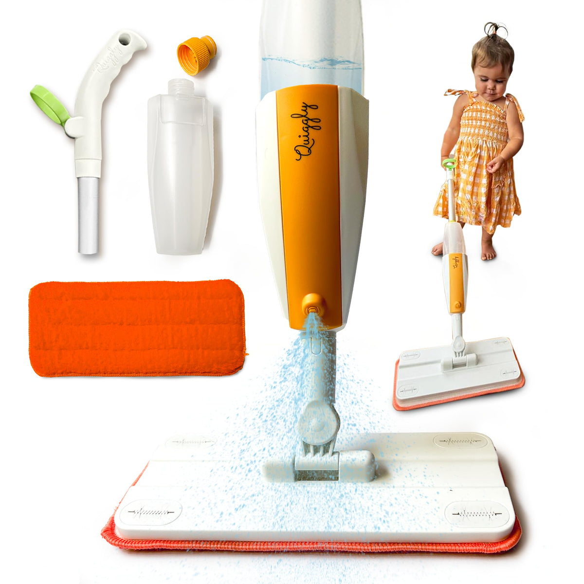 Quiggly Toddler Spray Mop with real water sprayer for pretend cleaning.