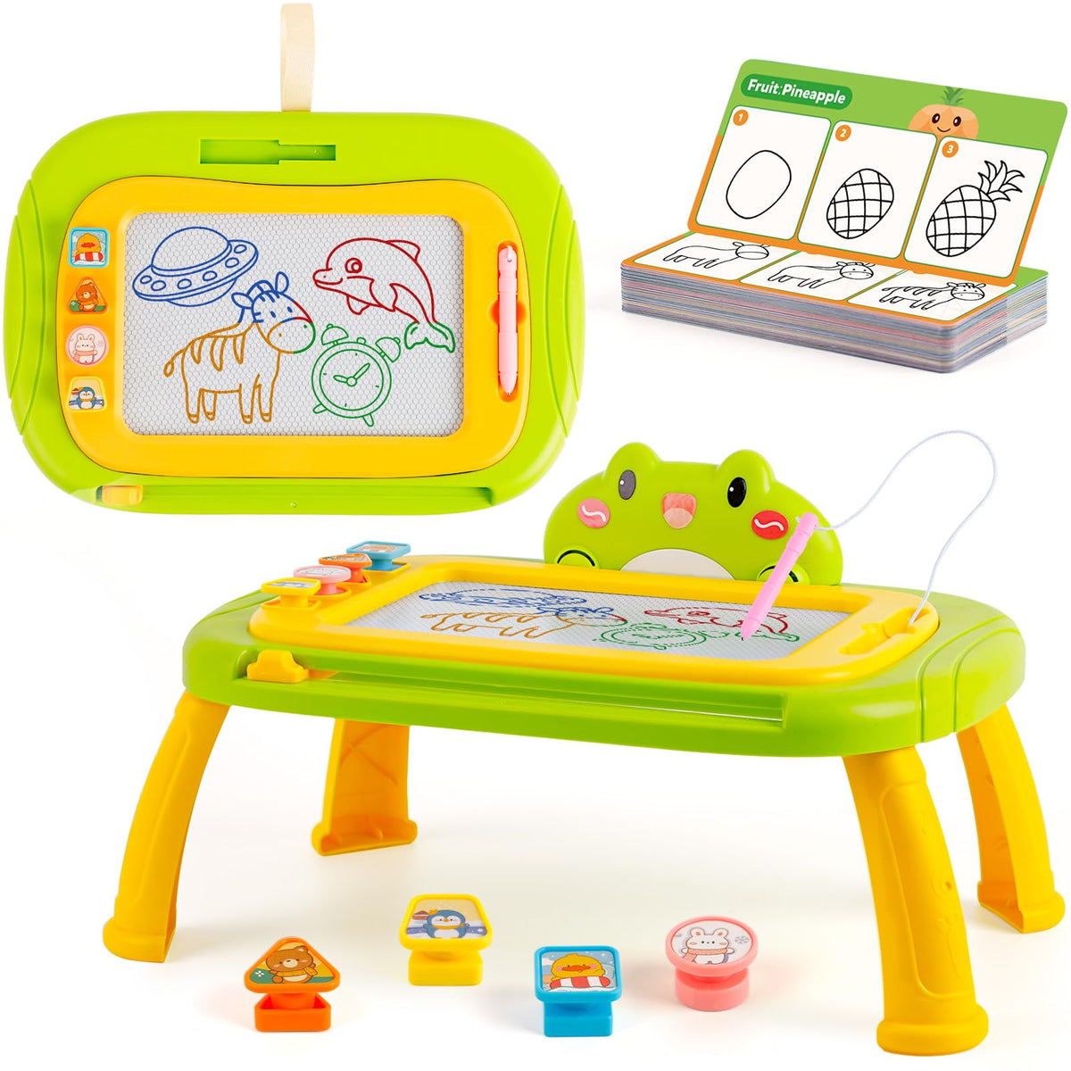 Quilinz magnetic drawing board with 45 cards guiding kids from simple strokes to completed drawings