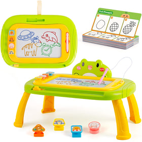 Quilinz magnetic drawing board with 45 cards guiding kids from simple strokes to completed drawings