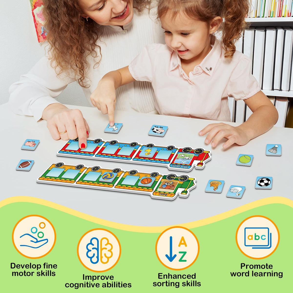 Quilinz food magnets teach object grouping with everyday item pictures.