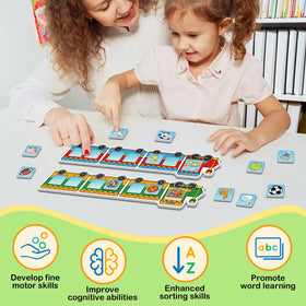 Quilinz food magnets teach object grouping with everyday item pictures.