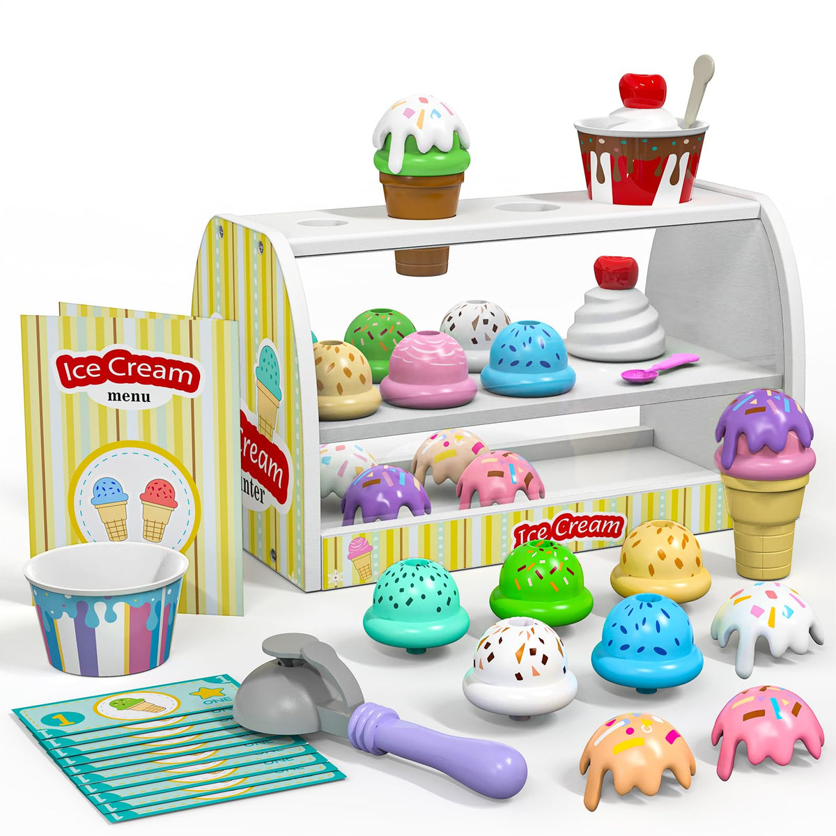 Quimsity ice-cream-counter-stand with toppings boosts imaginative play and sharing.