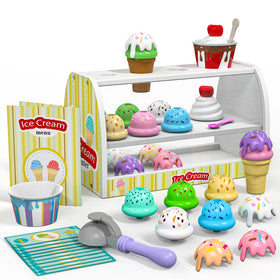 Quimsity ice-cream-counter-stand with toppings boosts imaginative play and sharing.
