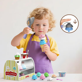 Quimsity ice-cream-cups-spoons-scoop enables realistic, mess-minimized play.
