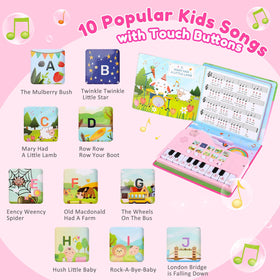 Quimsity piano book open to show songs and instrument options for kids.