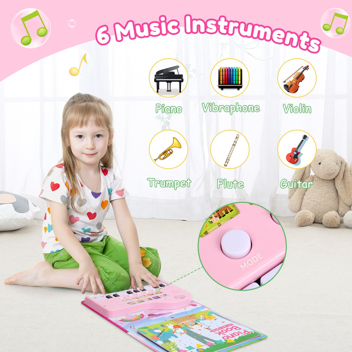 Quimsity piano book in instrument mode with a simple mode button switch.