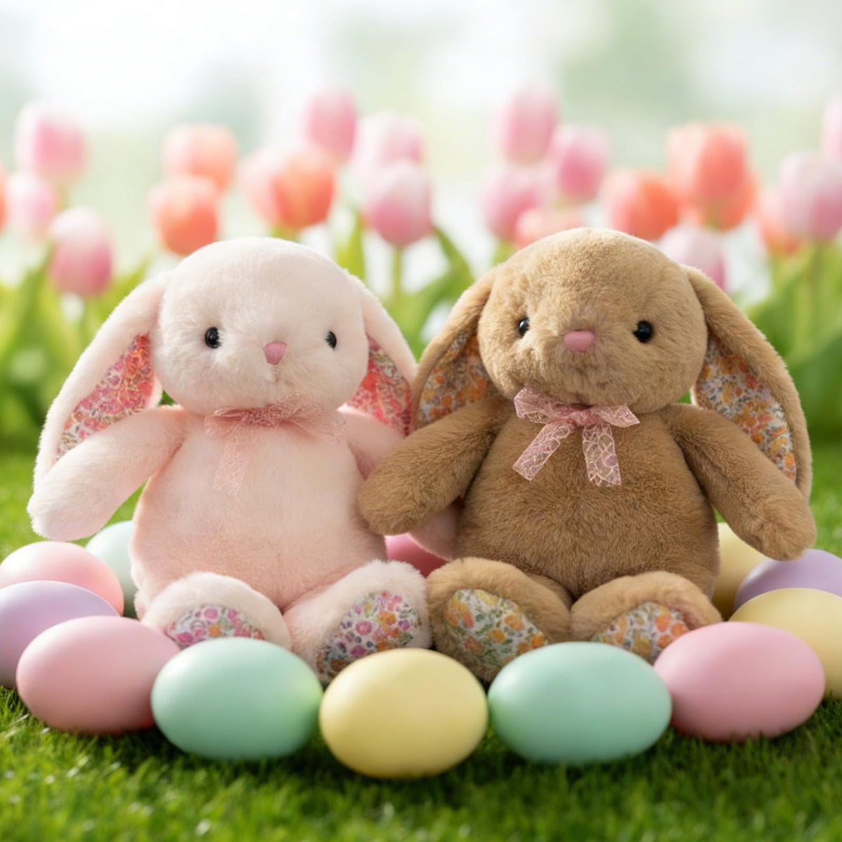 QUIRAI weighted bottom helps the bunny sit upright on shelves or laps.