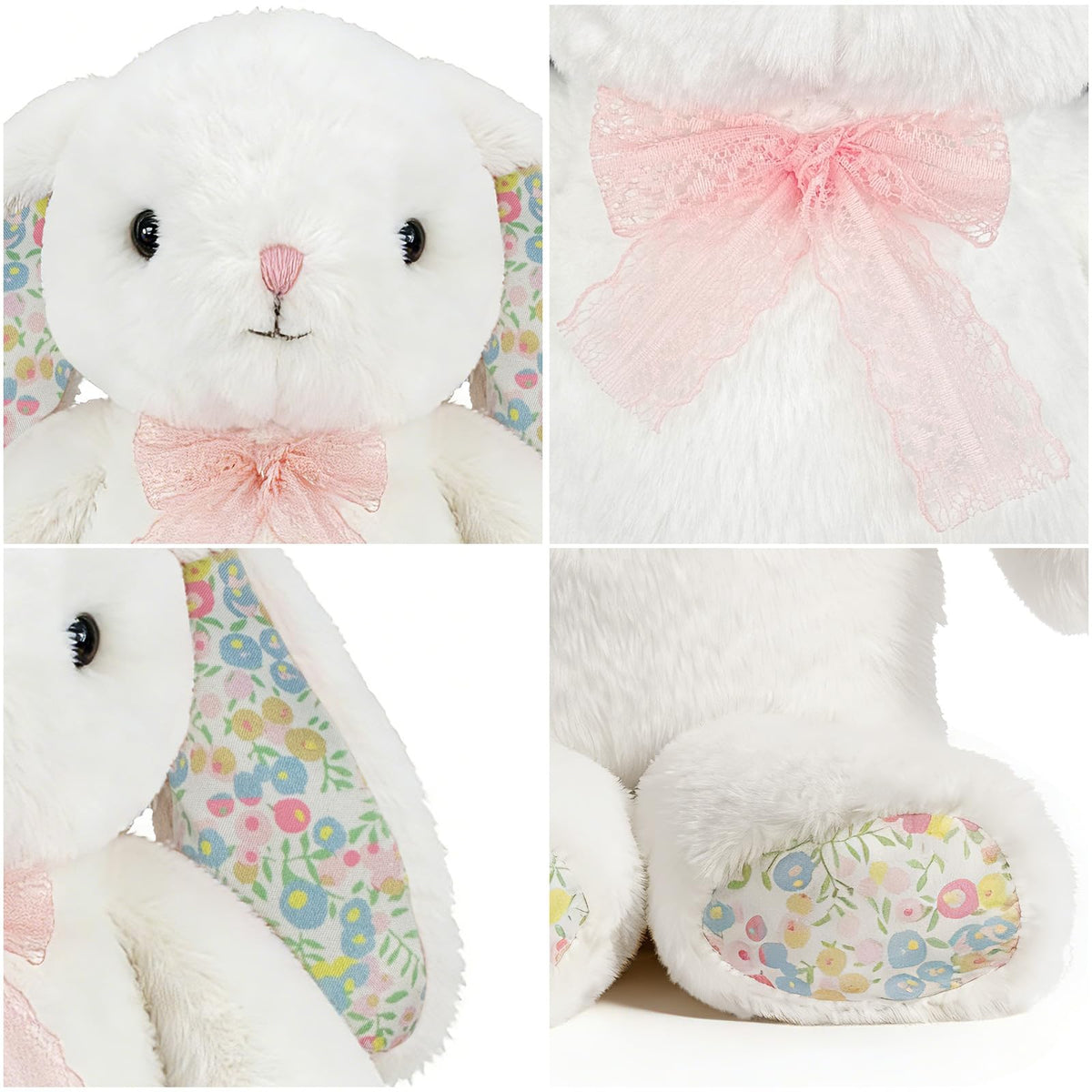 QUIRAI Easter Bunny Plush pink lace bow adds cute giftable appeal.