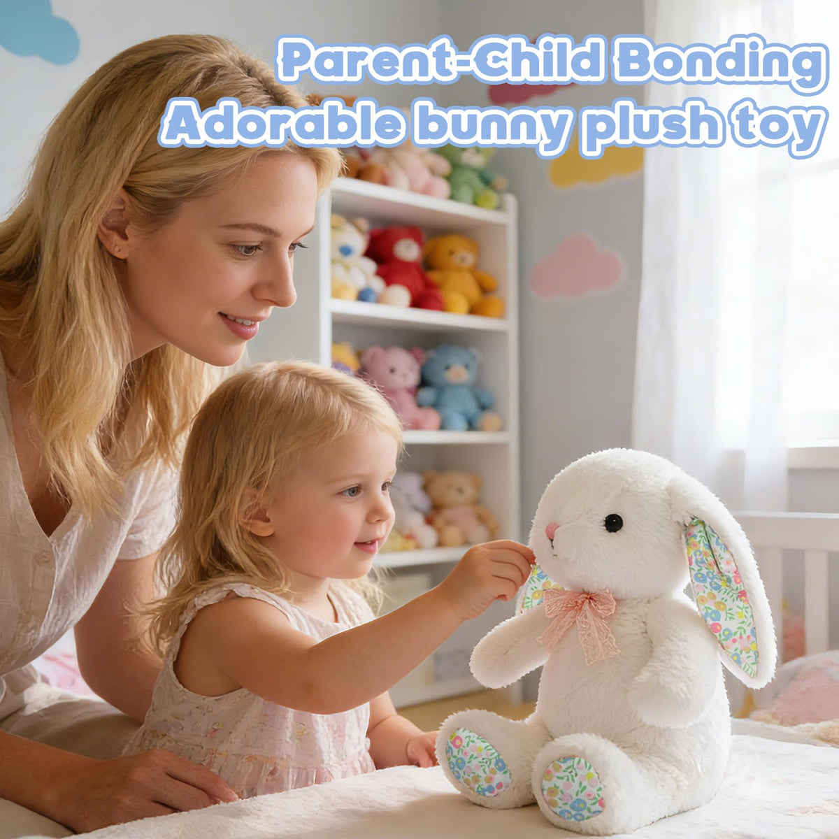 QUIRAI Easter Bunny Plush weighted bottom enables upright sitting for display.