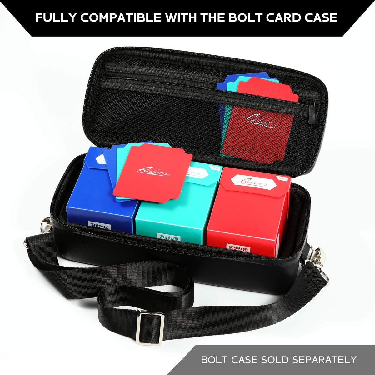 Quiver Time deck block open with sleeves shows spacious interior for sleeved cards.