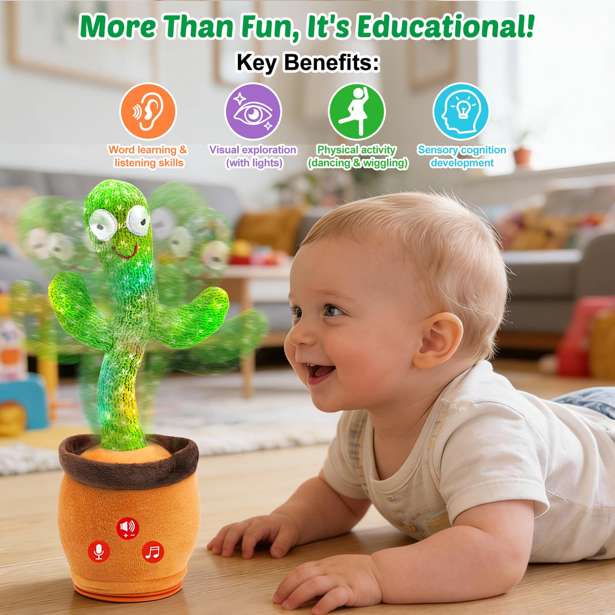 Qularlans cactus toy glows softly during music and dancing.