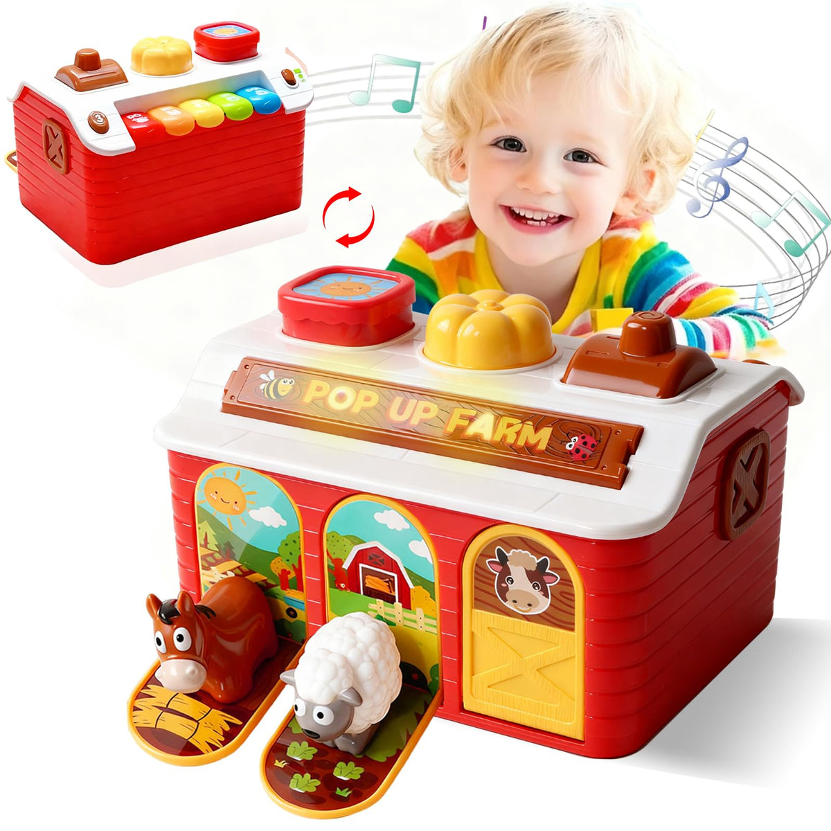 Quliwise interactive pop-up farm animals toy with music and lights for early learning