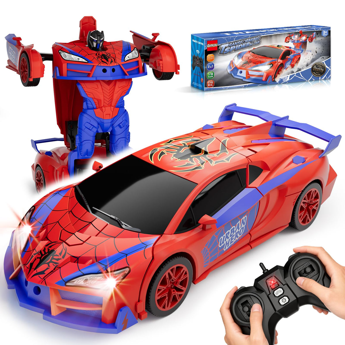 Qumcou Spider RC Car transforms from car to robot mode for dynamic play