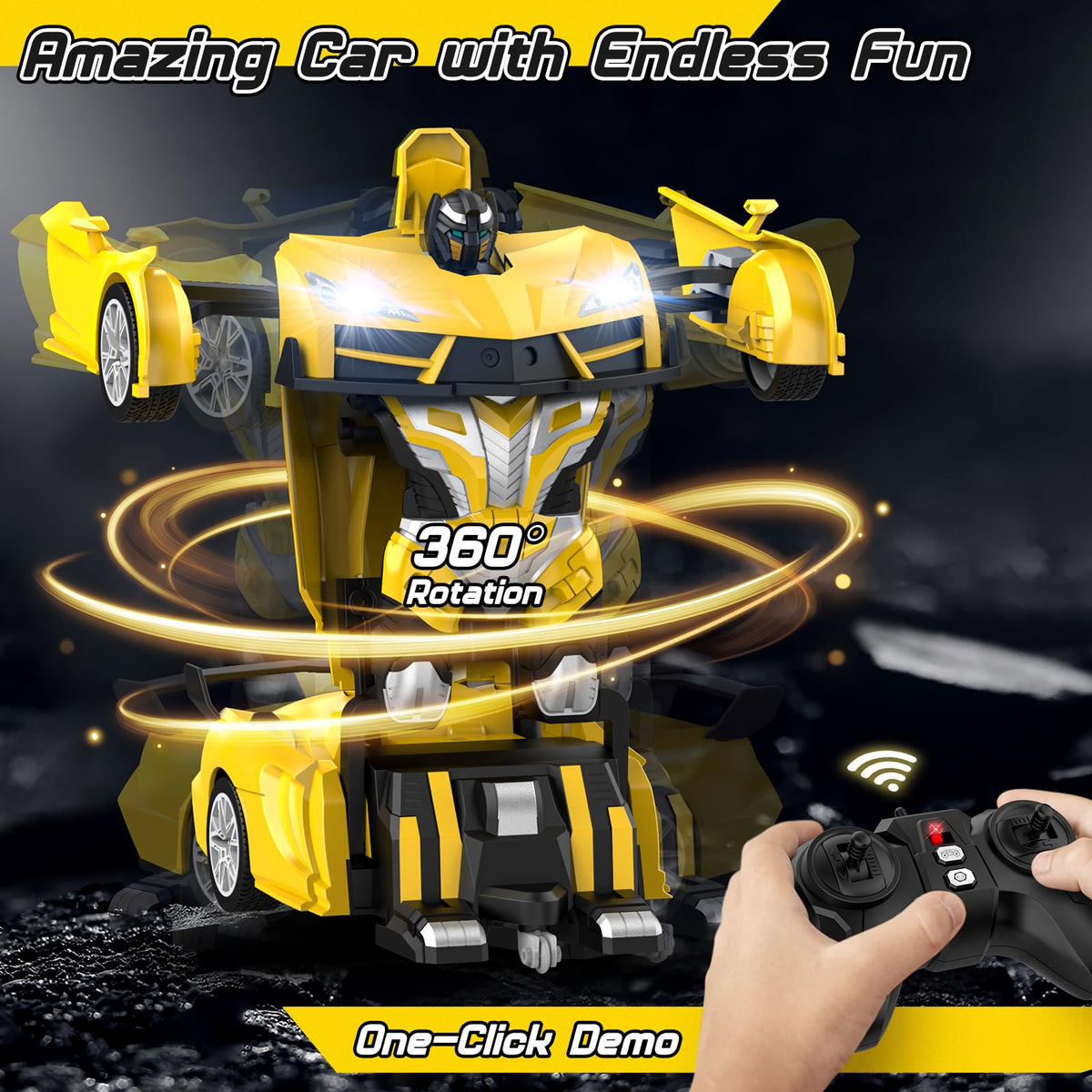 Qumcou Transform RC Car 360-degree spin for dynamic stunt actions.