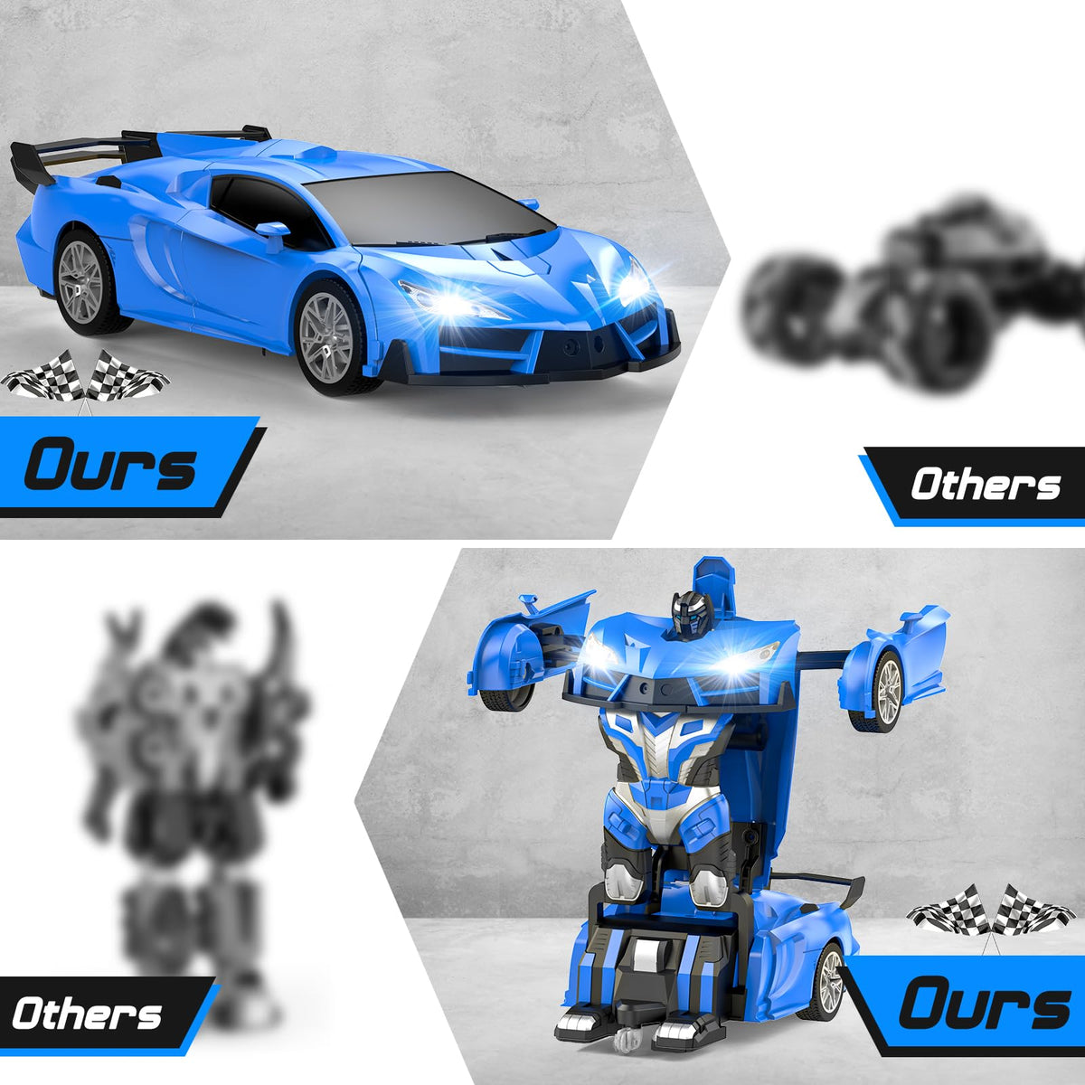 Qumcou Transform RC car 360-degree spin showcases dynamic movement.