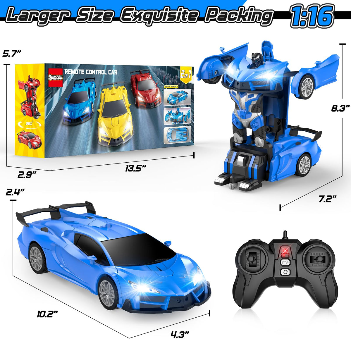 Qumcou Transform RC car ABS construction emphasizes durable, kid-safe design.