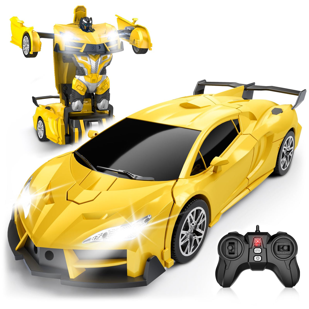 Qumcou Transform RC Car front view with glowing headlights for immersive play.