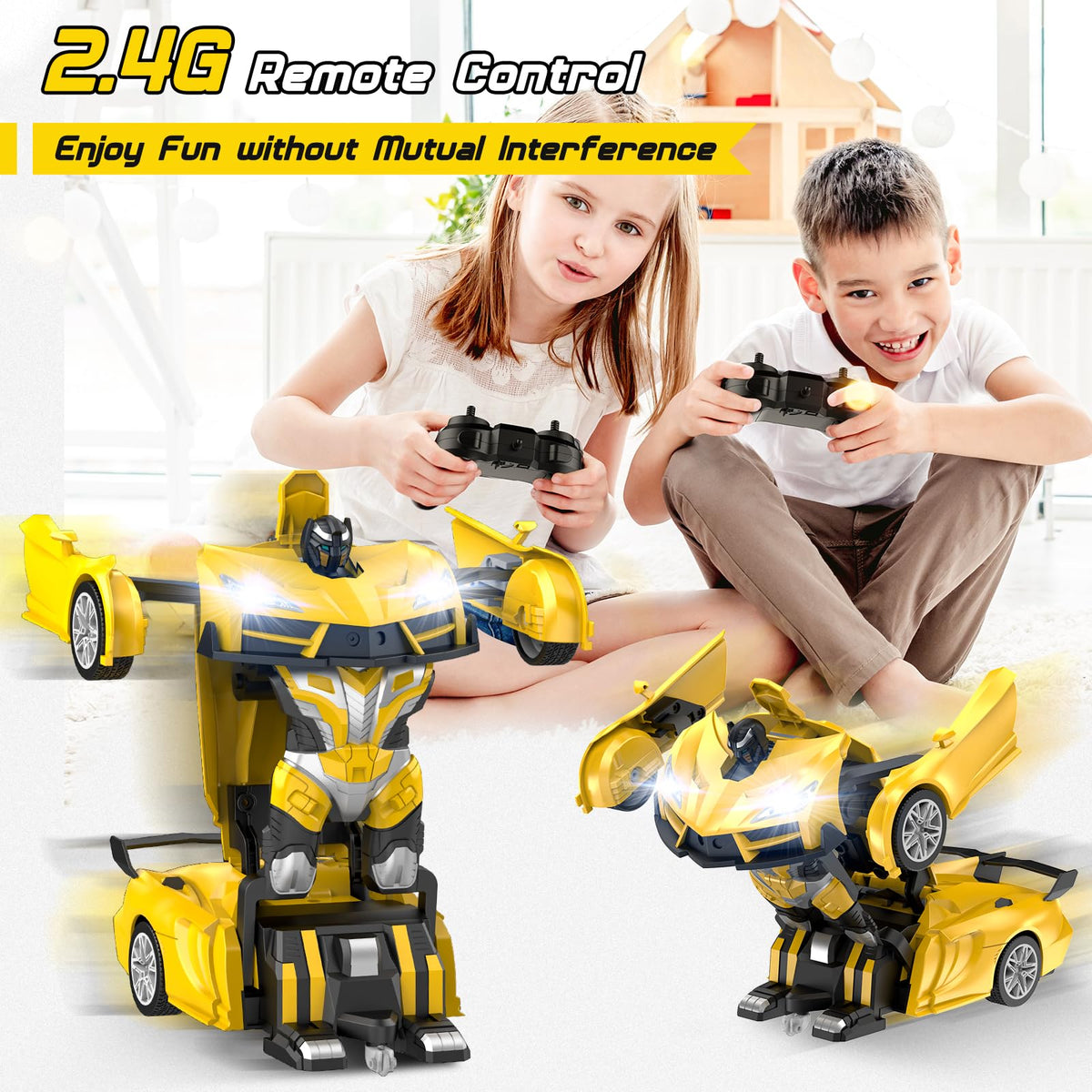 Qumcou Transform RC Car LED headlights brighten indoor racing sessions.