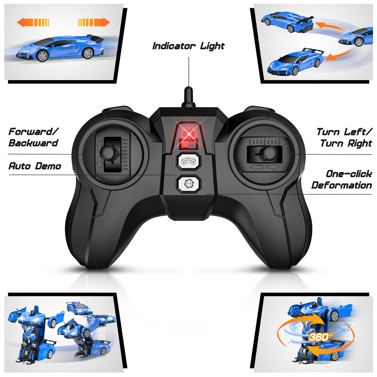 Qumcou Transform RC car remote control highlights long-range 2.4GHz connection.
