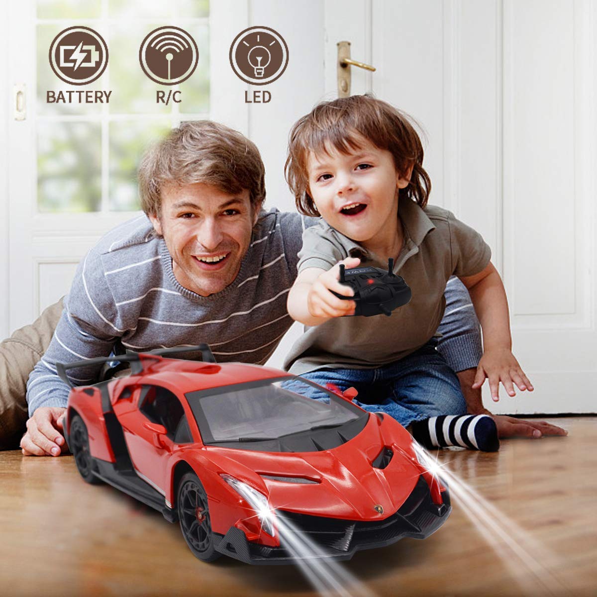 QUN FENG Veneno RC car side view highlighting sleek red profile for action play