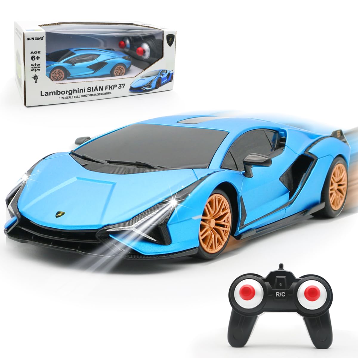 QUN XING Lamborghini Sian RC car front view, compact scale for desks and playtime.