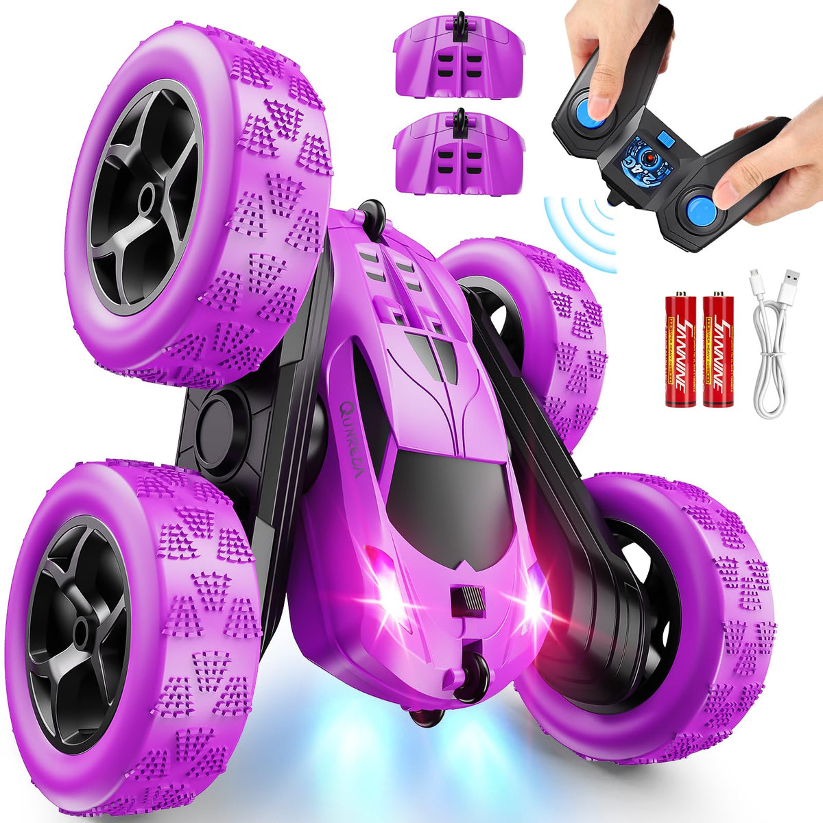 QUNREDA RC car showing detachable battery modules for safer charging and easy swapping