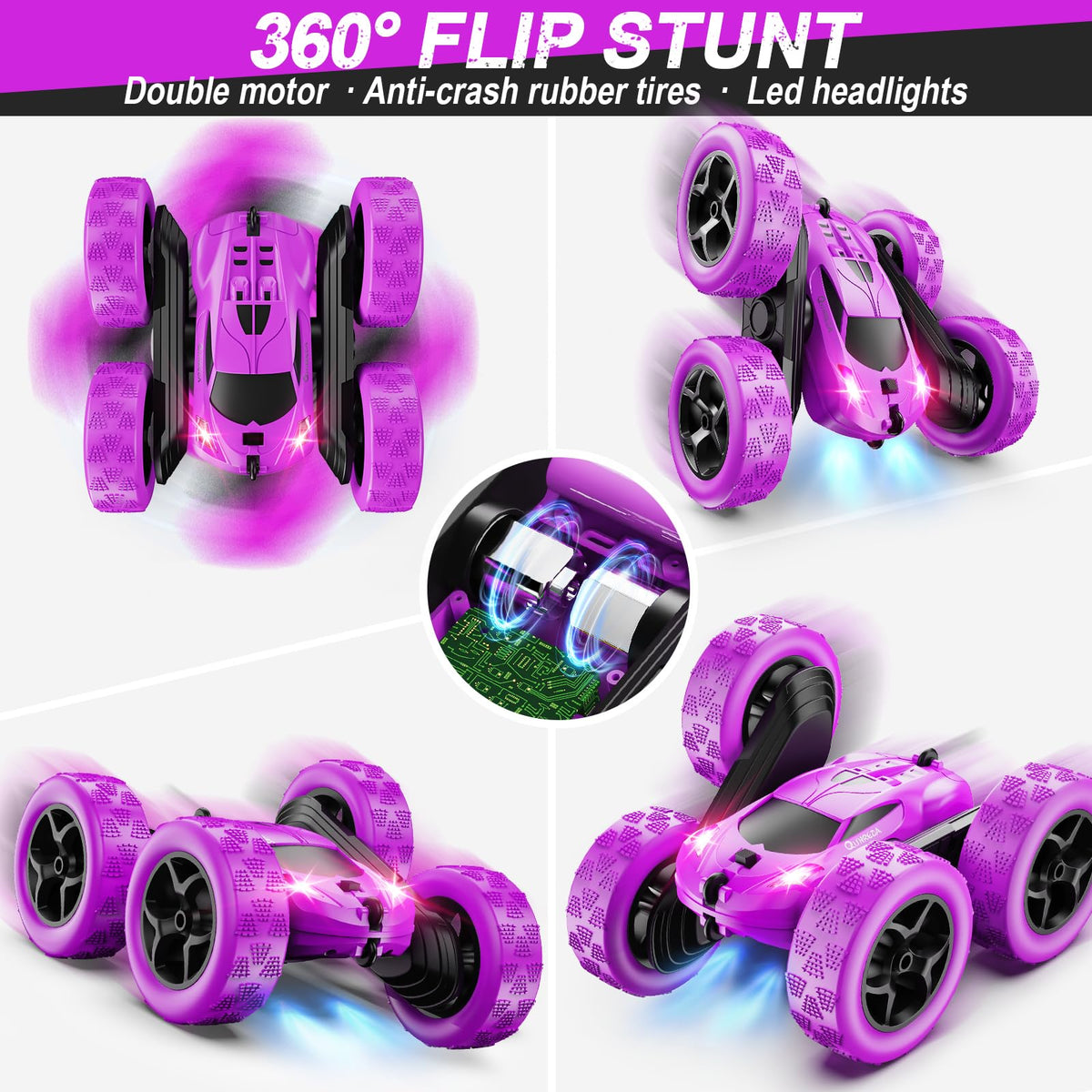 QUNREDA RC car headlights lit for improved visibility during play
