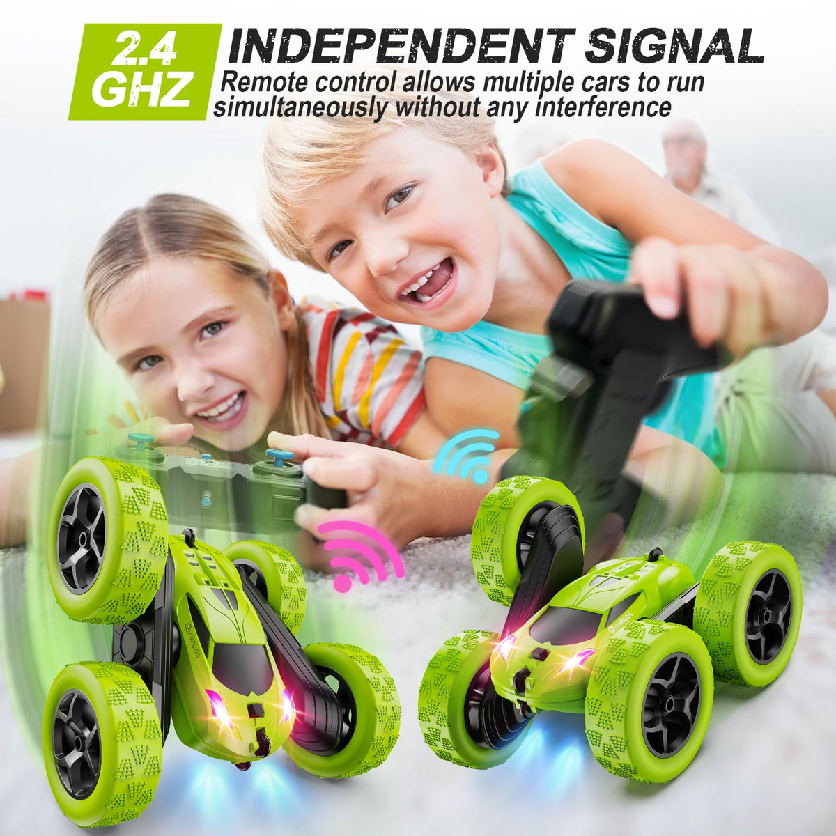 QUNREDA RC car with red headlights for visibility during dusk play