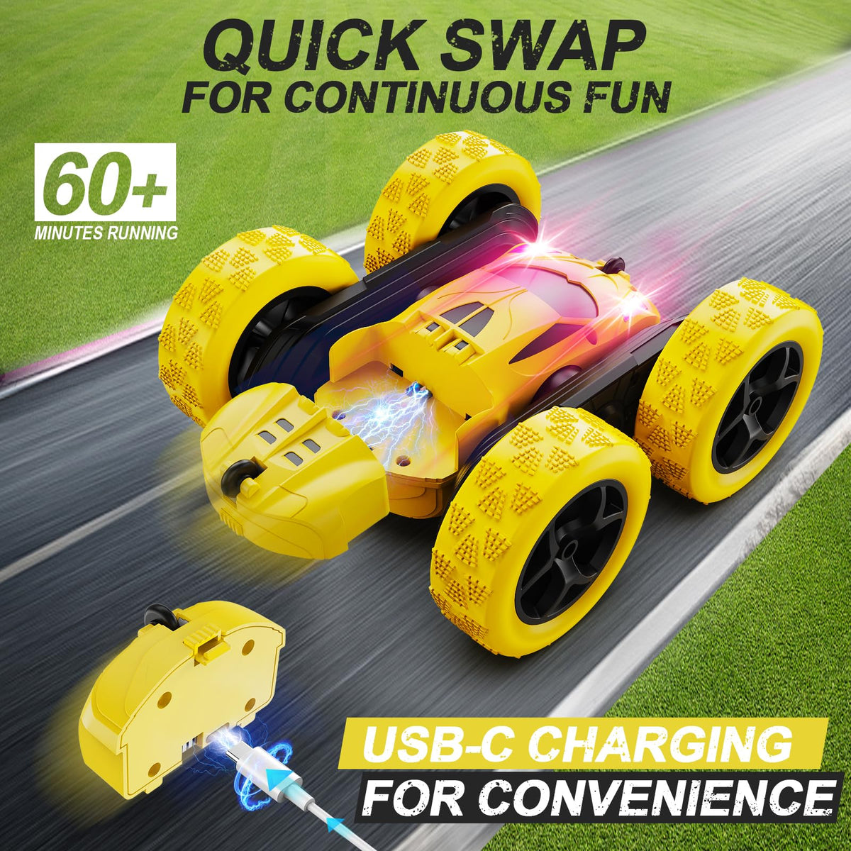 QUNREDA RC car in side action shot showing 360° spins and stunts