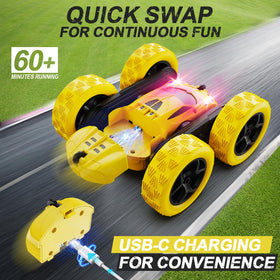 QUNREDA RC car in side action shot showing 360° spins and stunts