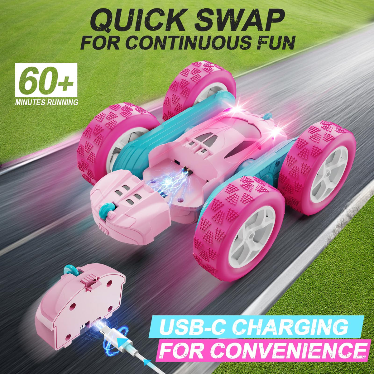 QUNREDA RC car performing a 360° rotation for stunt excitement