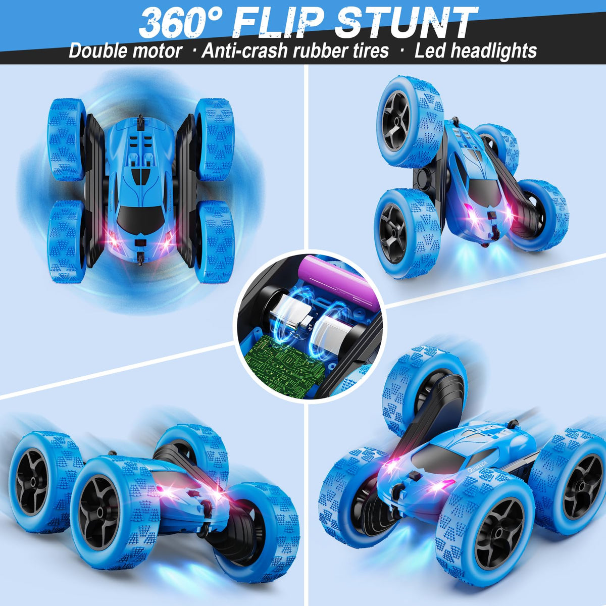 QUNREDA remote car with red-eye LEDs for front visibility during play.