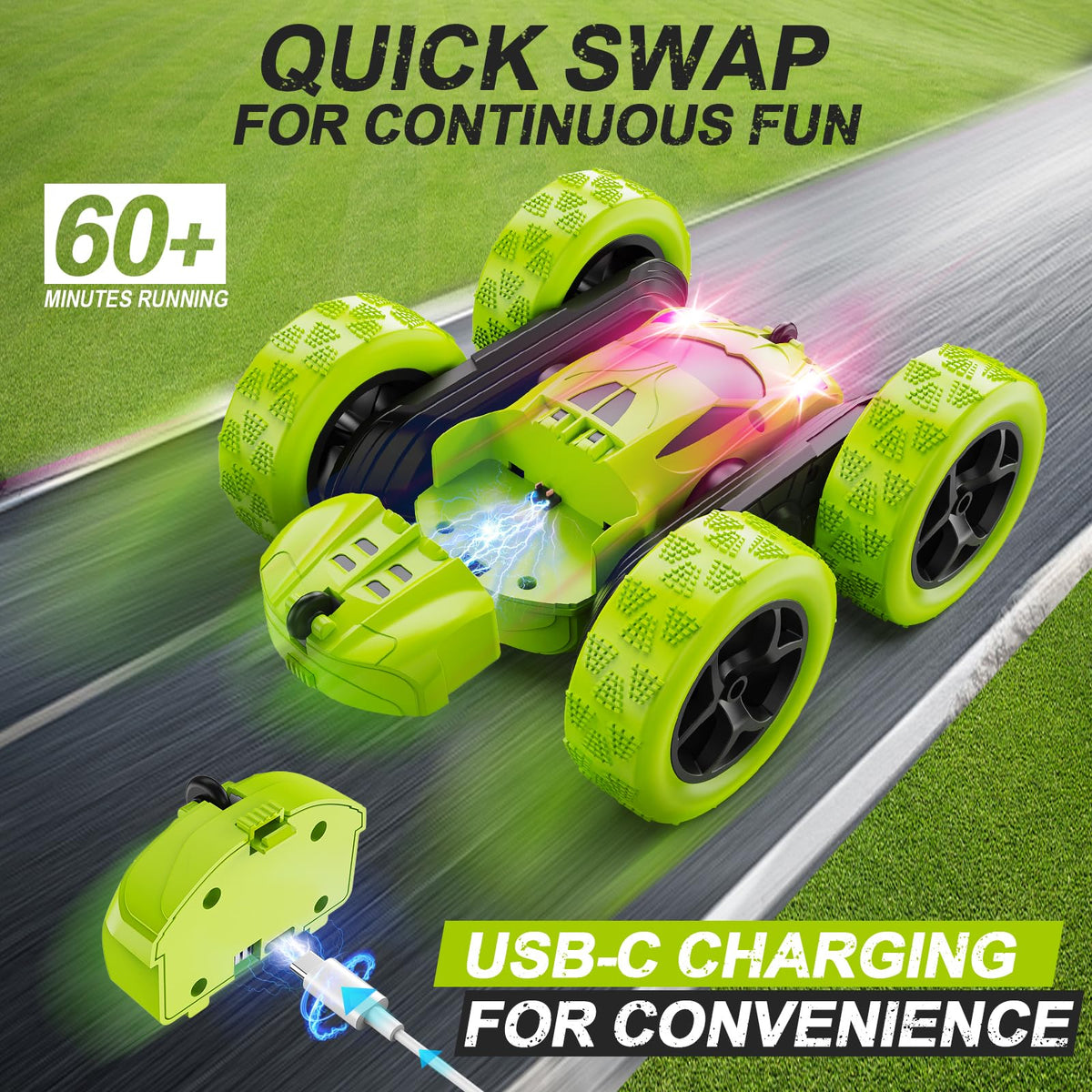 QUNREDA remote control car performing a 360-degree flip for exciting play