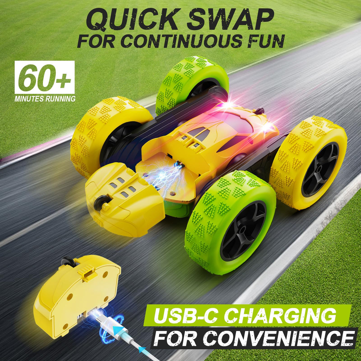 QUNREDA RC car performing 360-degree rotation for dynamic stunts