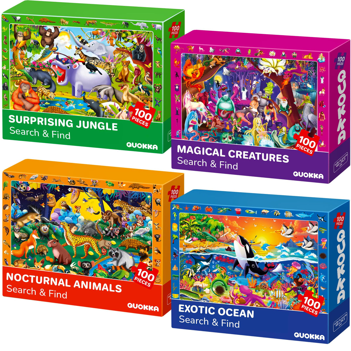 QUOKKA 100-piece puzzles front view shows vibrant forest animals for early problem solving