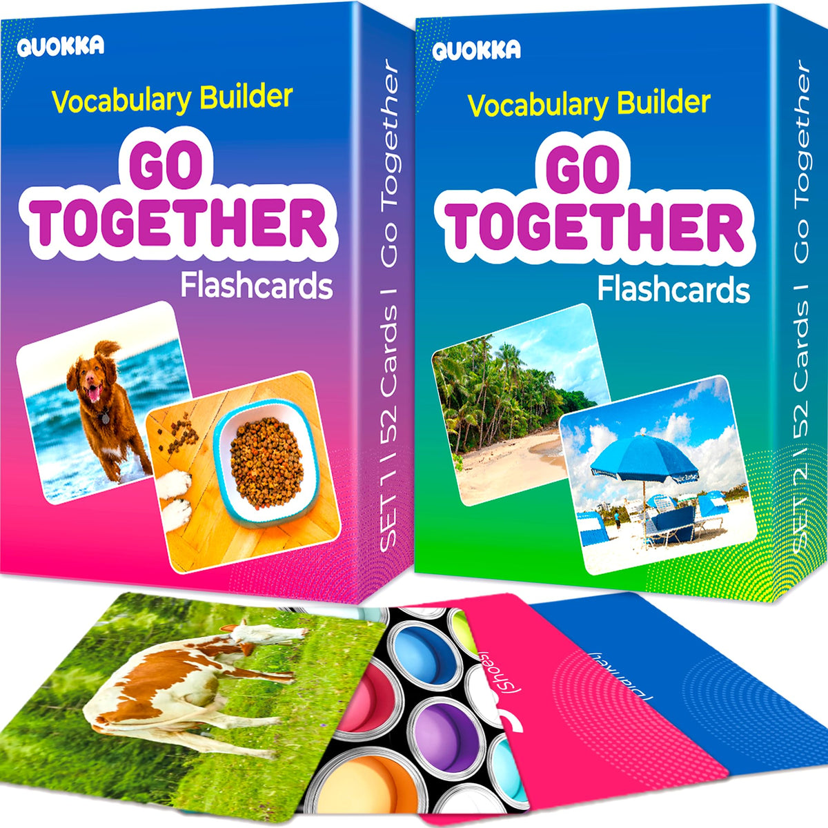 QUOKKA 104 vocabulary flash cards display go-together nouns and verbs for interactive early learning.