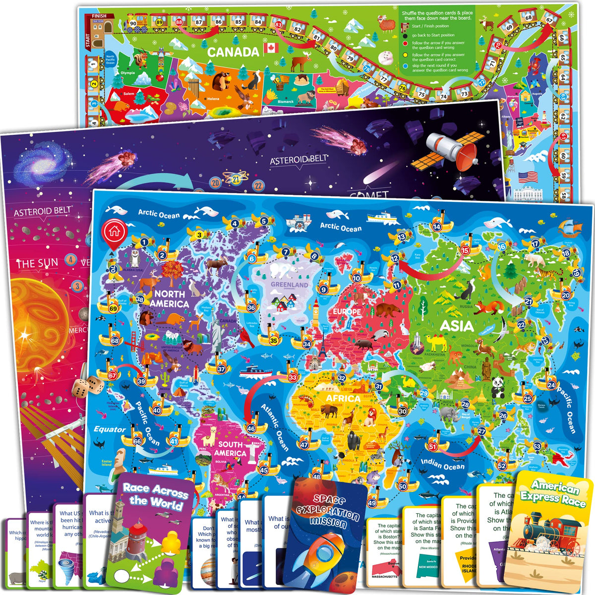 QUOKKA 3X Set US map board game for geography learning with family play