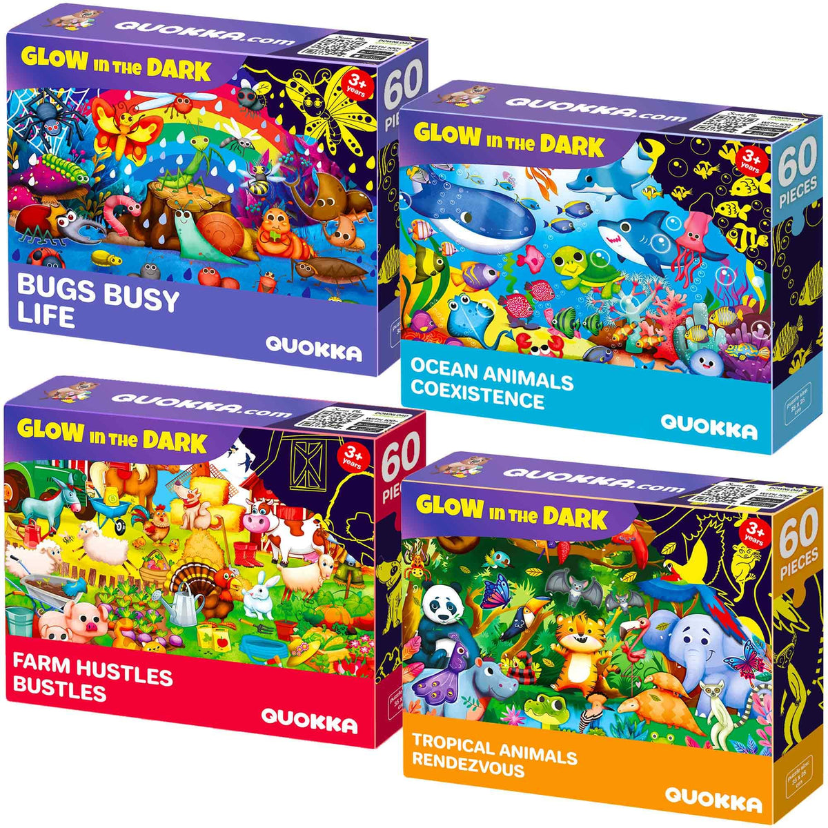 QUOKKA 4x60 farm glow puzzle: vivid daytime images and glow-at-night magic.