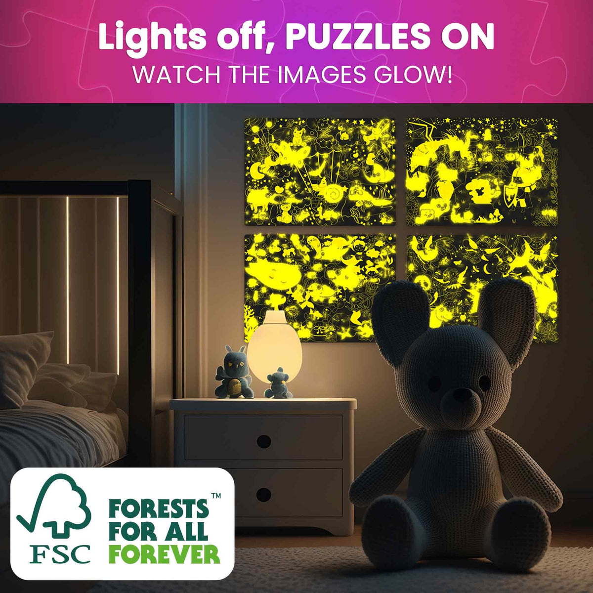 QUOKKA glow-in-the-dark feature enhances evening puzzle time.