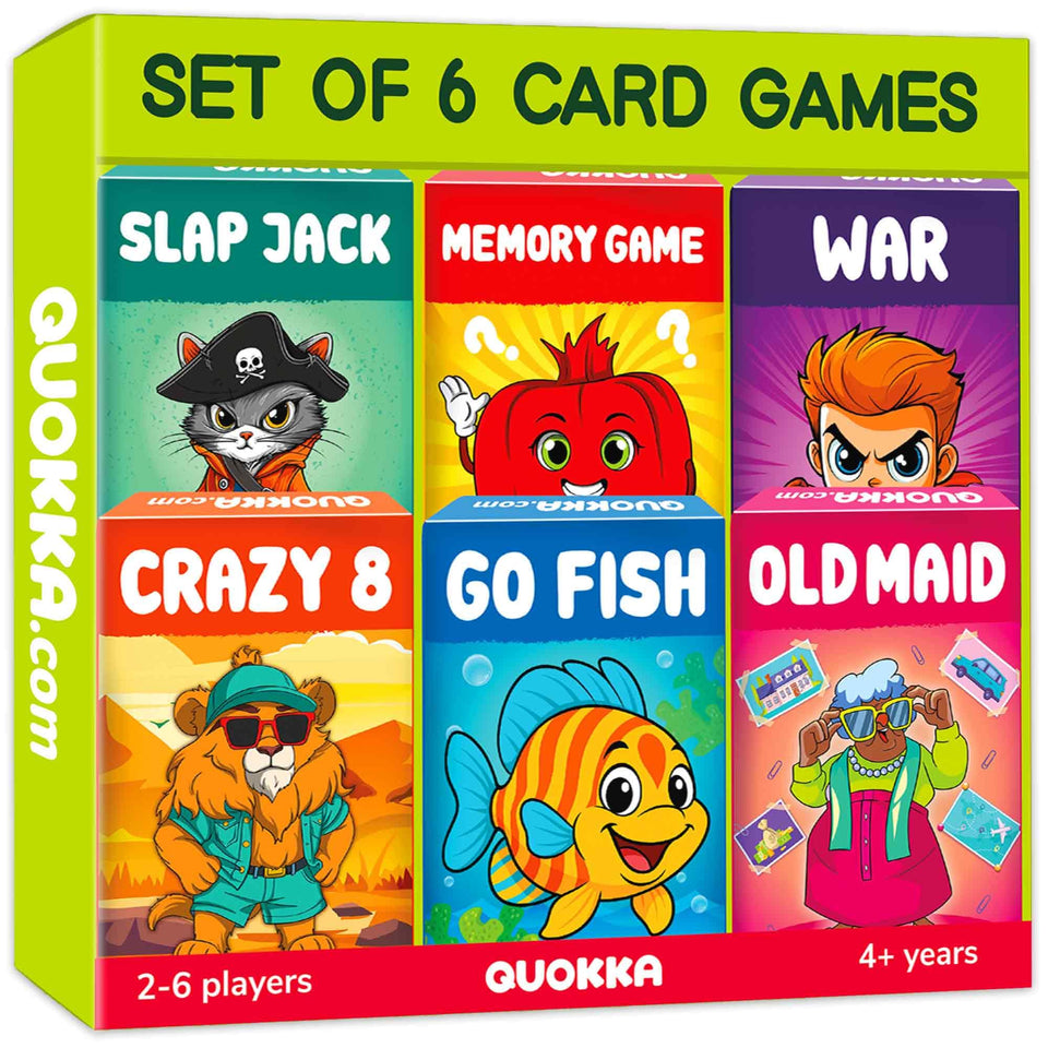 QUOKKA card games six-in-one set for family fun and learning on the go.