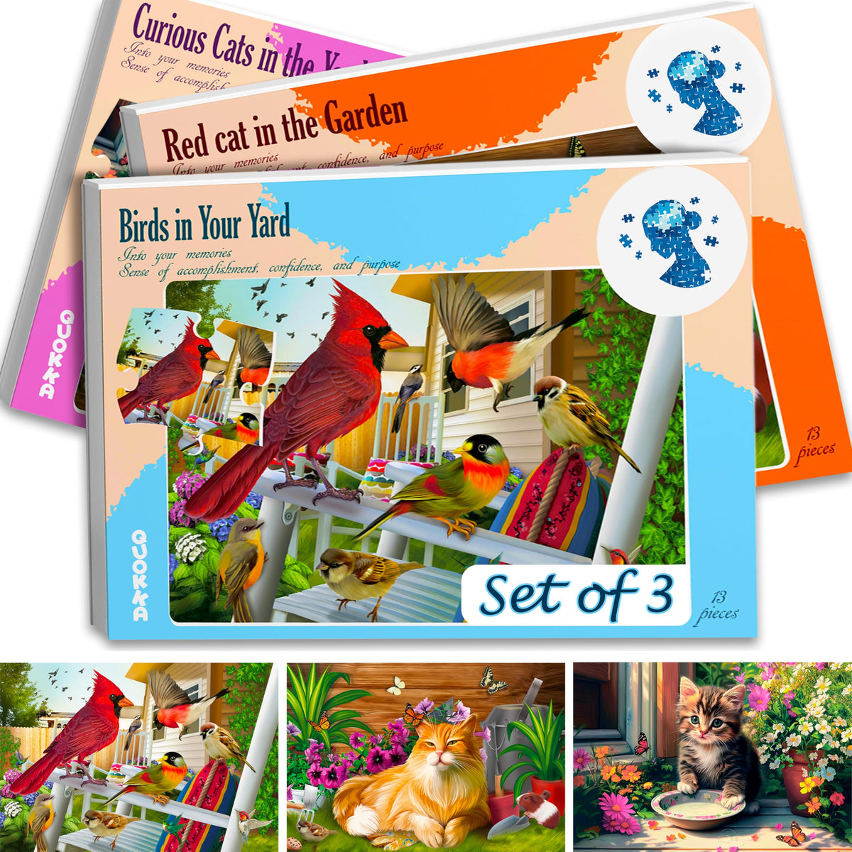 QUOKKA 13-piece dementia puzzle with birds and cats for cognitive engagement.