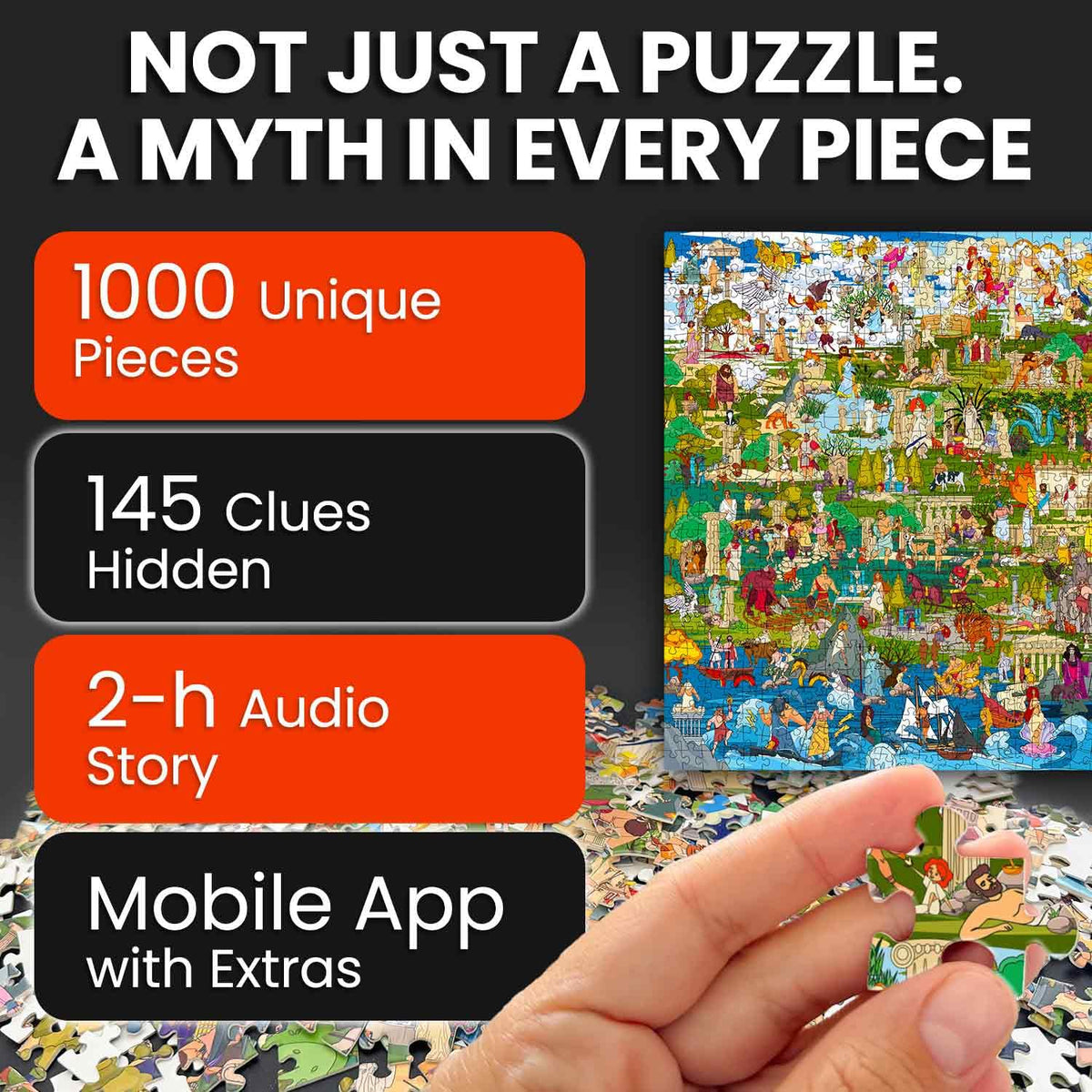 QUOKKA Greek Gods puzzle assembly scene shows 1000 pieces for focused, satisfying progress
