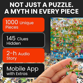 QUOKKA Greek Gods puzzle assembly scene shows 1000 pieces for focused, satisfying progress