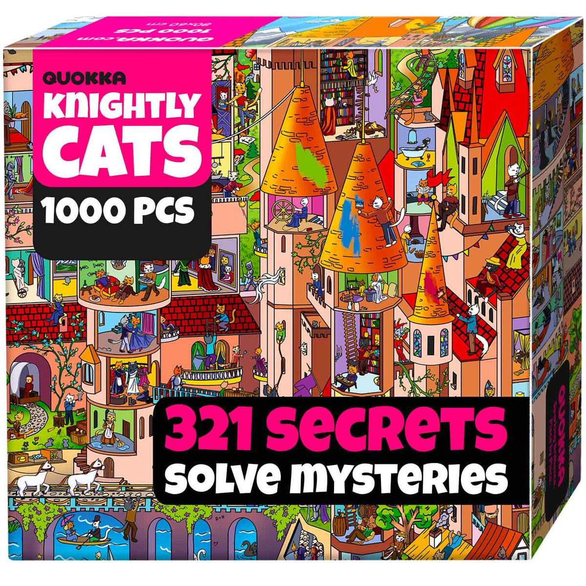 QUOKKA Knightly Cats puzzle cover art with whimsical medieval cat scenes for relaxing play